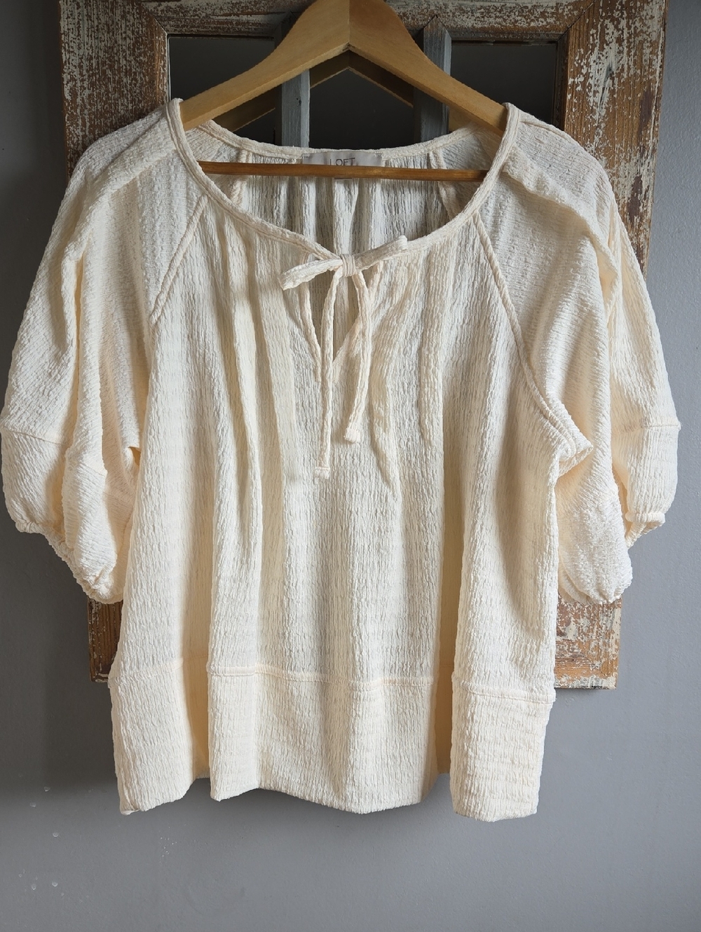 NWOT LOFT Cream Textured Tie-Neck Peasant Blouse